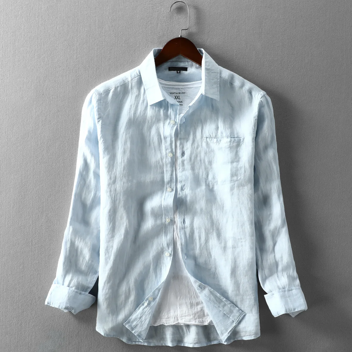 Light blue Мужская одежда, рубашки с длинным рукавом, новинка, Весенняя рубашка из чистого льна, мужская повседневная свободная Однотонная рубашка с отворотом - Цвет: Light blue