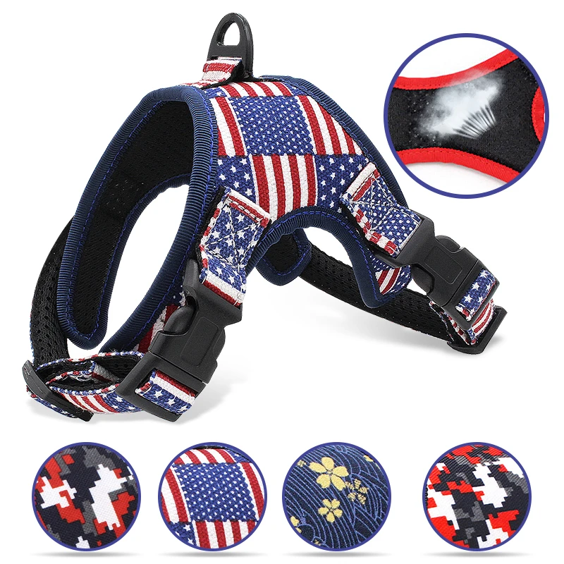 

Nylon Dog Harness Collar Print Breathable Mesh Adjustable Anti-collision Accessories Products Leash For Dogs Harness Pet Product