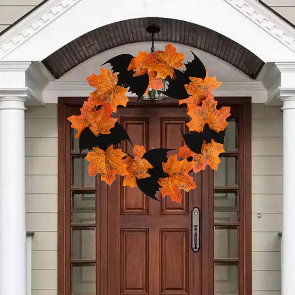 Украшение на Хэллоуин, летучая мышь, кулон-венок, оконная дверь, висящий кленовый венок из листьев, вечерние праздничные украшения DIY, kwiaty sztuczne