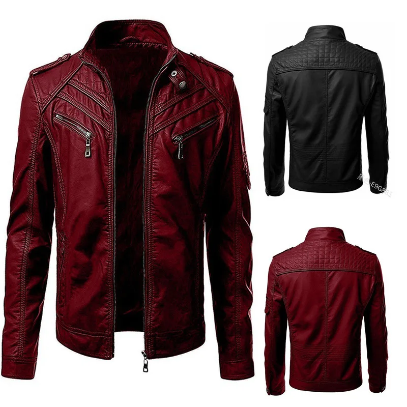 Autumn And Winter New Style Leather Coat Men's Ozhouzhan Hot Selling Solid Color Joint Stand Collar Jacket E9g881