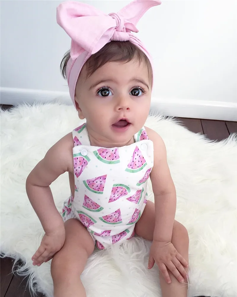 Summer Cute Baby Girls Romper Jumpsuit Headband Watermelon Printed Outfits Sunsuit Set New 0-24M Children Kids Clothes Hot baby outfit matching set