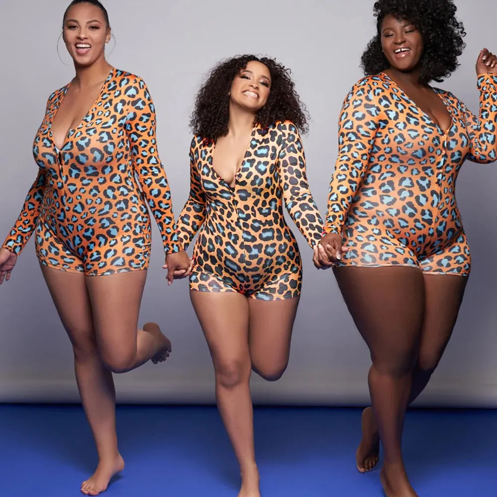

Plus Size 4XL Women's Romper V-Neck Pajamas Long Sleeve Elastic Casual Leopard Print Jumpsuits Girlfriends Party Dating Clothes