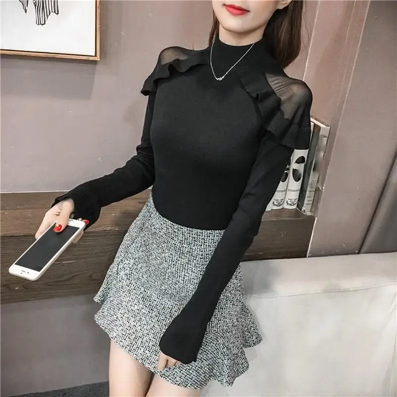 

2019 Women Casual Solid Mesh Sweater Elasticity Long Sleeve Ruffles Sweater Slim Turtleneck Knitted Pullovers Jumper