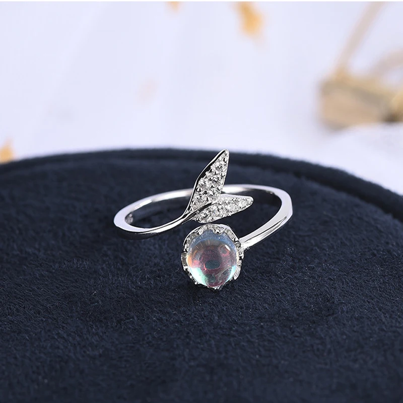 Модное 925 Серебряное Открытое кольцо с круглым цветным драгоценным камнем, хвост русалки, кубический цирконий, кольца для женщин, подарок на свадьбу, хорошее ювелирное изделие