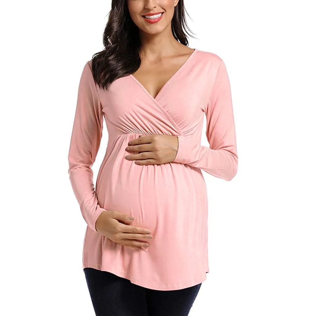 

Fashionable Women Maternity Pregnancy Clothes Long Sleeve Solid Color Nursing Tops T-shirt 2019 Pregnancy Maternity Clothing