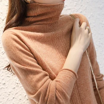

Spring and Autumn Women's Long Sleeve Turtleneck Knit Solid Color T-shirt 2020 gray