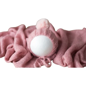 

New 2Pcs Baby Wool Ball Hat Knitted Wrap Blanket Set Newborn Photography Photo Props