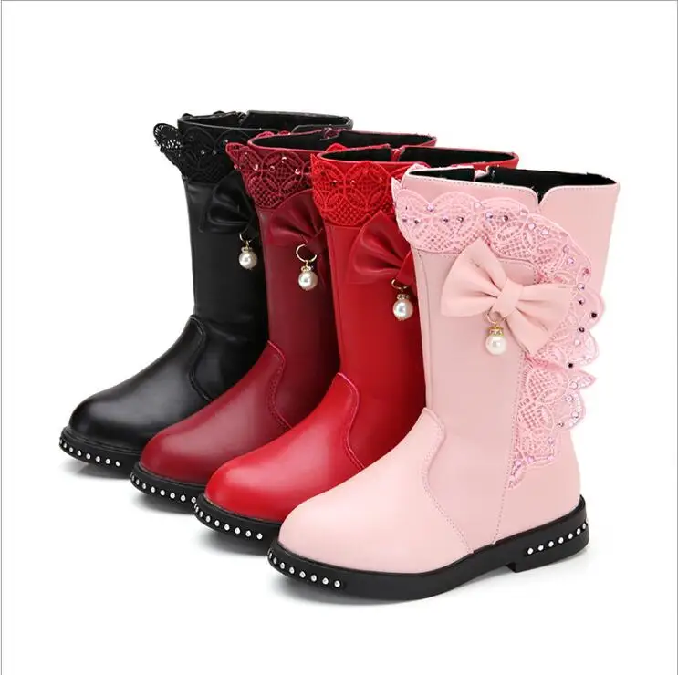 

Winter new black Kids Boots Girls Boots Children High Bow Tie Shoes Girls Pincess Dress Boots Big Kids Shoes