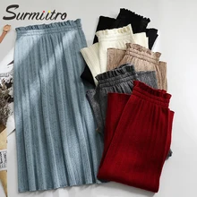 Женская длинная юбка с трикотажной SURMIITRO, плиссированной юбкой с черными синими белыми цветами с высокой талией в корейском стиле для женщин осенью зима