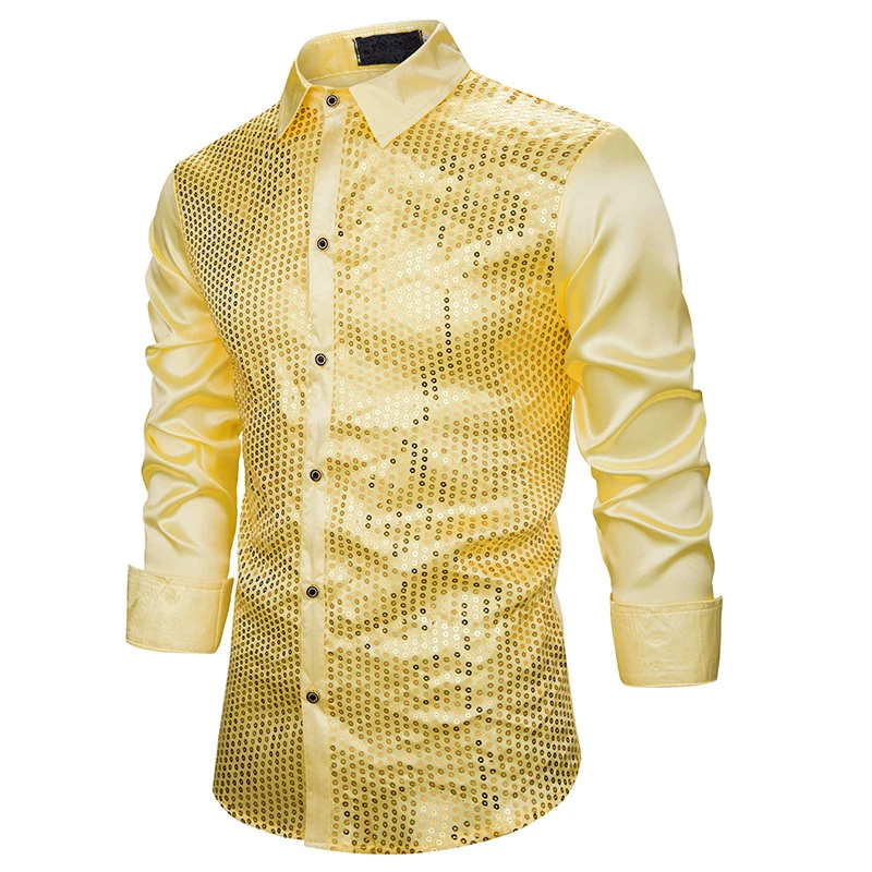 Новые мужские шелковые атласные блестящие рубашки мужские однотонные длинный рукав ночной клуб вечерние Золотая рубашка S-2XL