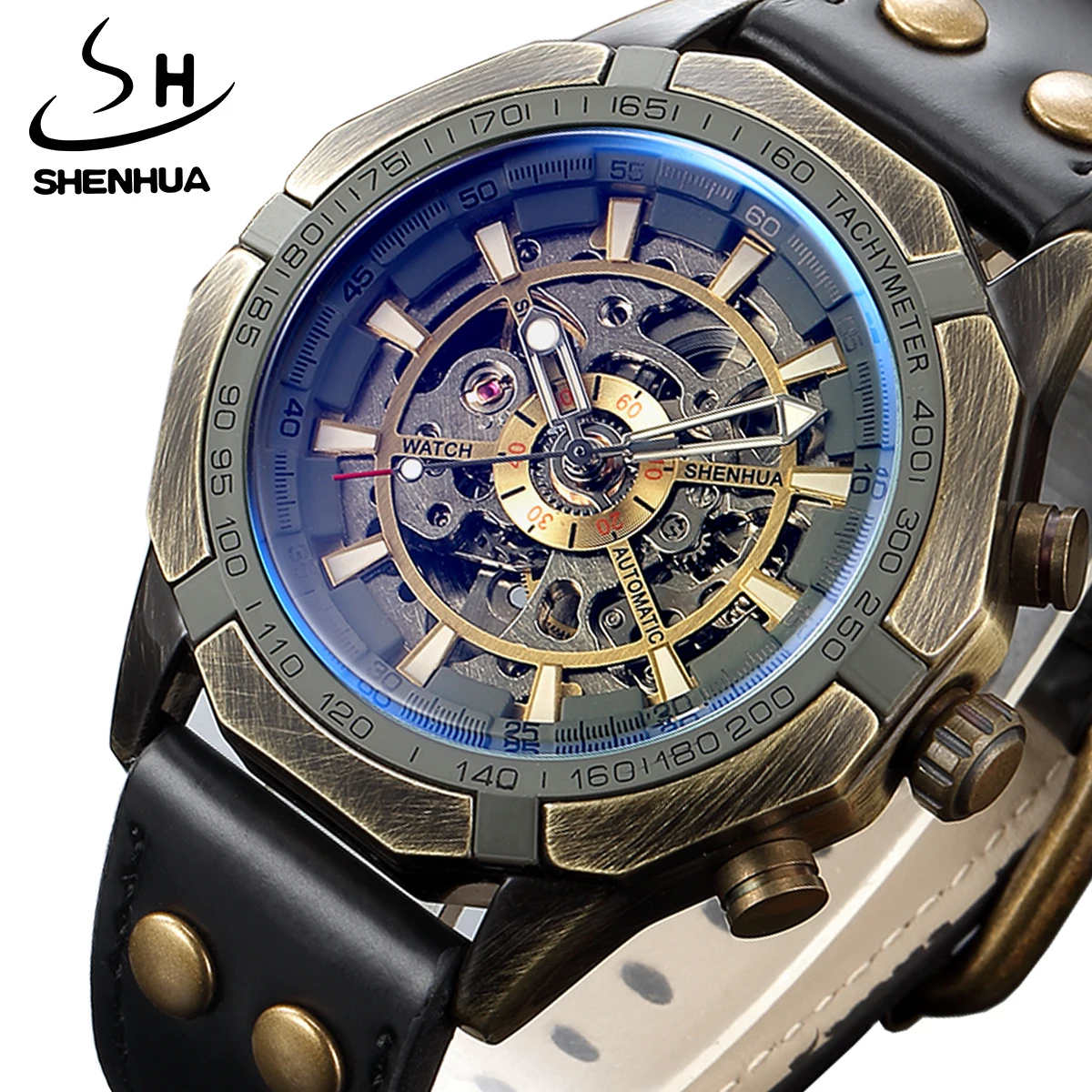 SHENHUA Blue Transparent Glass Automatic Mechanical Watch Antique Bronze Steampunk Dial Black Leather Wristwatches Men Clock