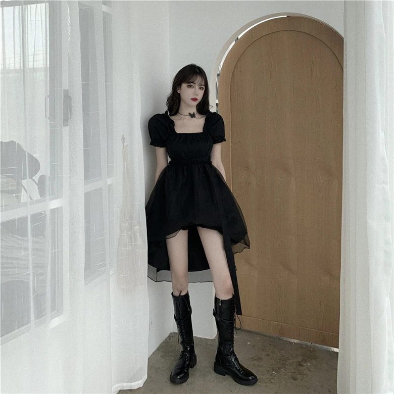 Korean Summer Harajuku Diablo Women Dress Square Collar Vintage Puff Sleeve Irregular Dress A-Line Lace Splice Black Bud Dress