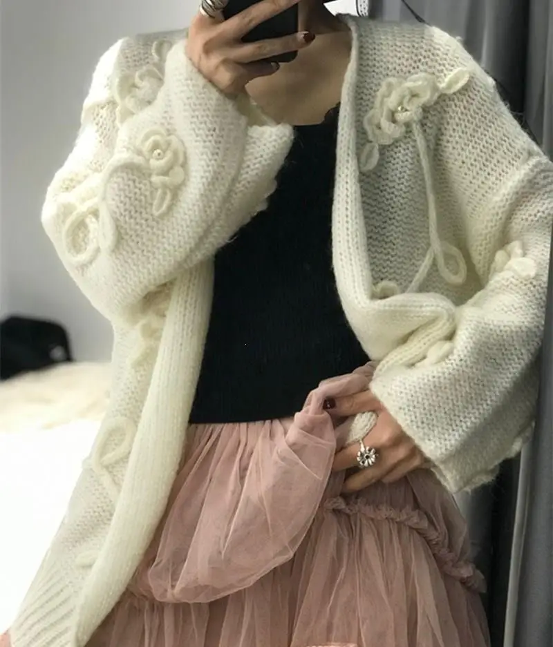 ^*Best Offers 2019 Spring Fall Women Preppy Sweet Flower Embroidery Cardigans Female Sweaters Loose Long Sleeve Knitted Cardigans