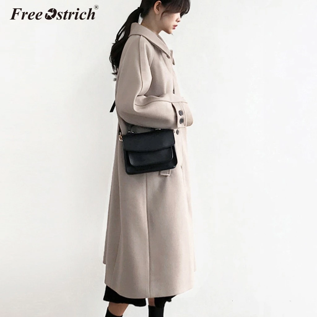 Ostrich, осенне-зимнее шерстяное пальто, женское длинное шерстяное пальто с длинным рукавом, повседневное свободное шерстяное пальто, женская верхняя одежда N30