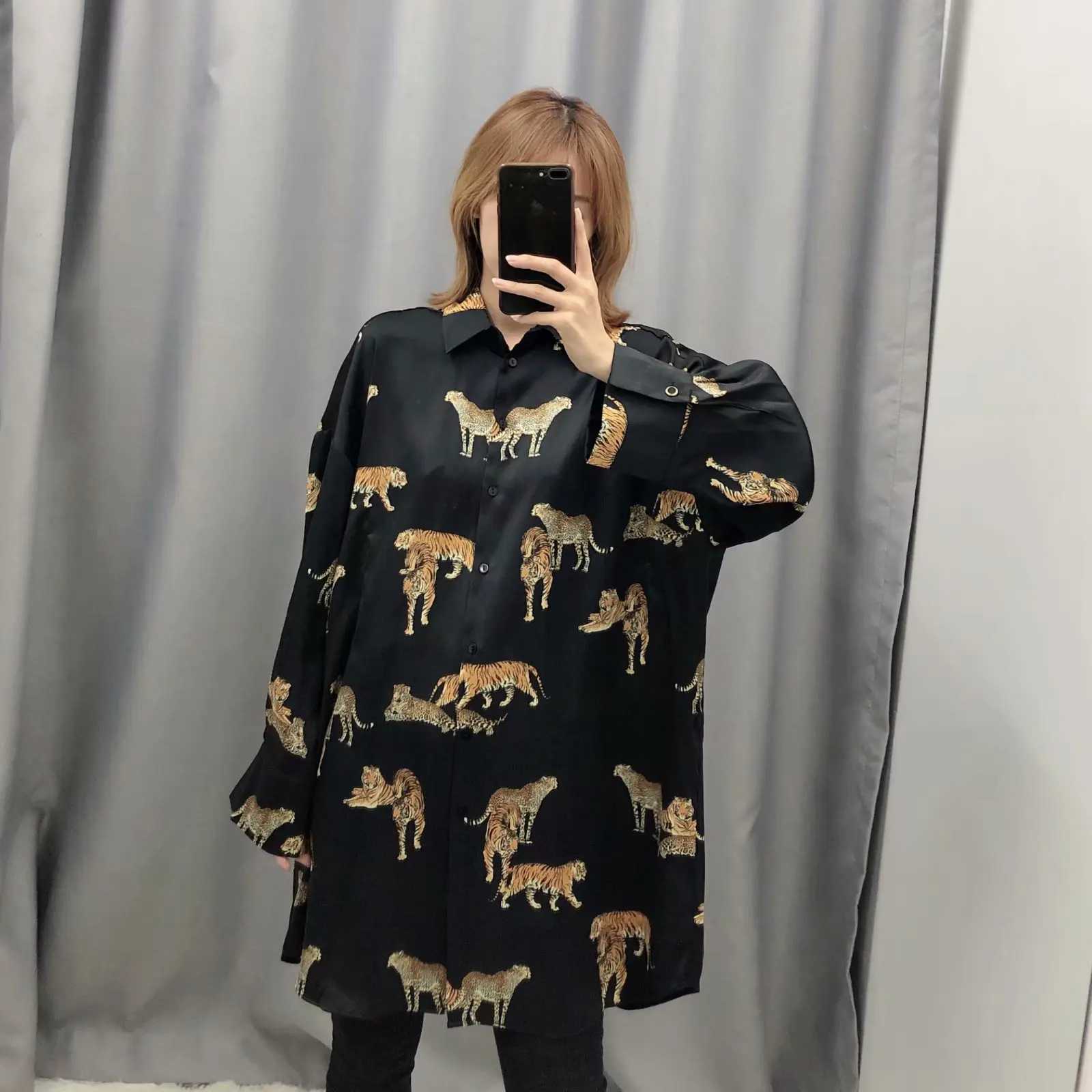 

WOMEN'S Dress 20 Early Spring New Style Western Style Leopord Pattern Tiger Printed Fold-down Collar Mid-length Long Sleeve Loos