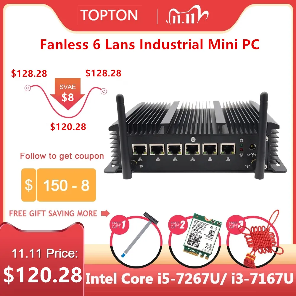 Fansız endüstriyel Mini PC Intel Core i5 7267U i3 7167U 3865U güvenlik duvarı PC Pfsense yönlendirici 6 lan 4 * USB3.0 2 * RS232 HDMI 4G/3G WiFi
