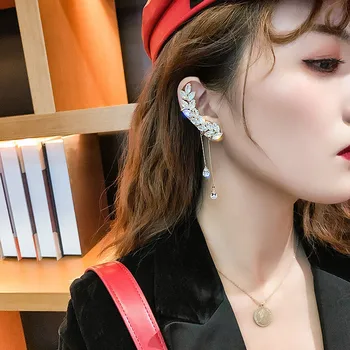 

FYUAN Fashion Long Tassel Crystal Earrings Leaf Shape Zircon Ear Clip Earrings for Women Wedding Party Jewelry Gifts