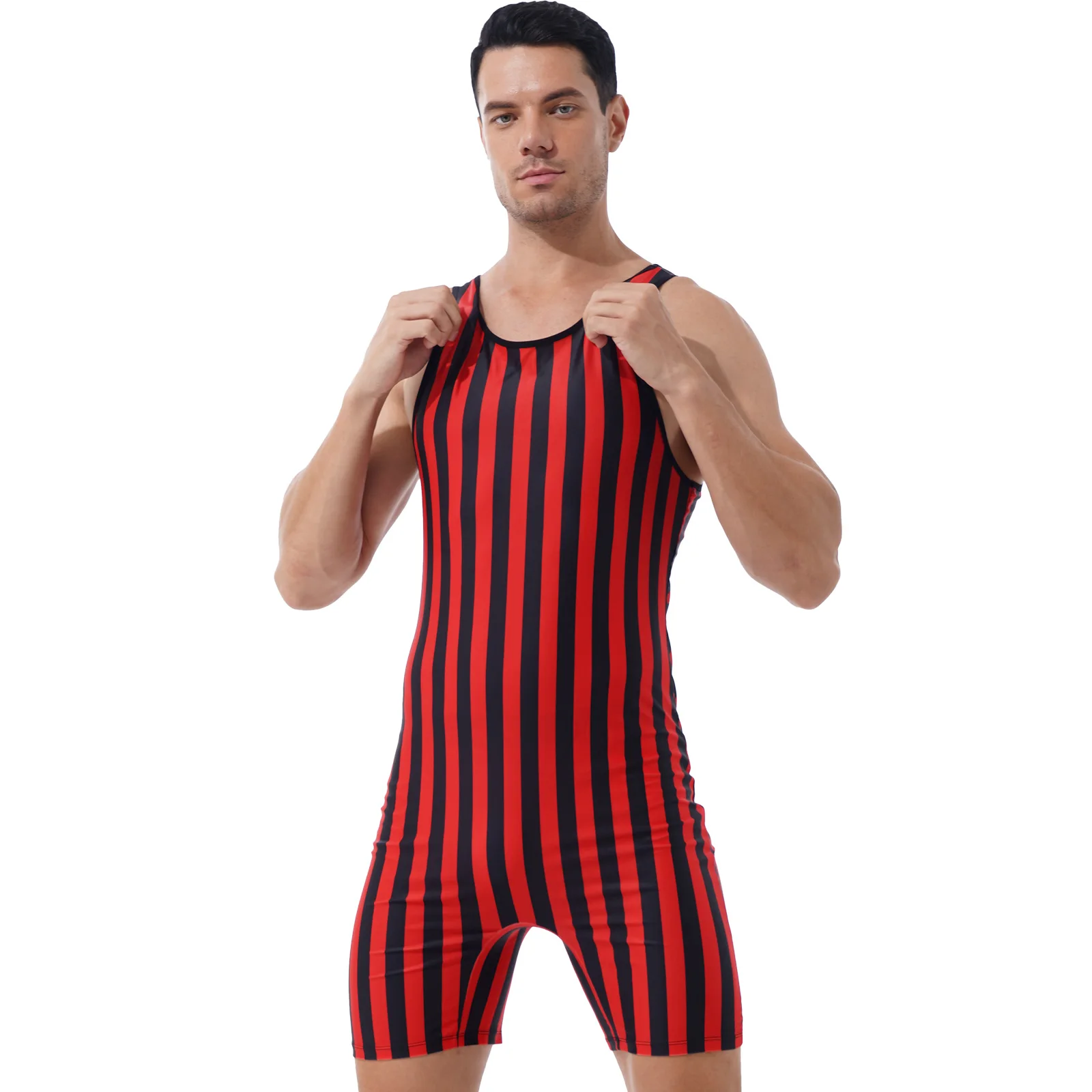 Men's Striped Wrestling Singlet Bodysuit Pajamas Stretchy Weight Lifting Leotard Pyjamas Sleepwear Fitness Athletic Jumpsuit