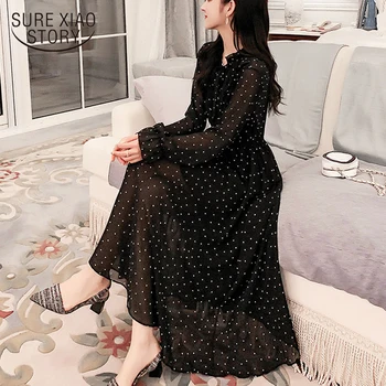 

Women Dress 2020 New Black Star Dot Chiffon Long Sleeve Flare Sleeve Fashion Bow A-Line Ruffled Vintage Elegant Dresses 8541 50