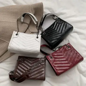 

Casual Solid Color Shoulder Messenger Tote Wind Embroidery Thread Bag Fashion PU Leather Chain Shopping Handbag Crossbody