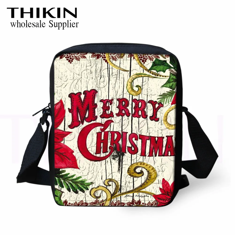 cheap THIKIN Merry Christmas Print Women Ladies Messenger Bag Cartoon Red Christmas Flower Children Travel Mini Shoulder Bags Custom
