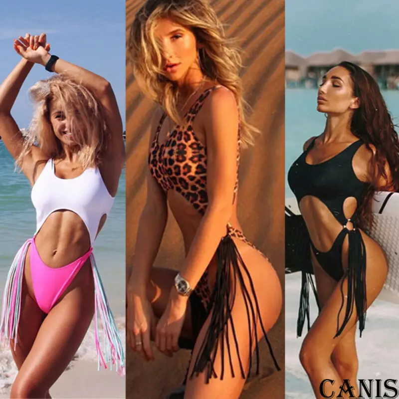 UK Womens Leopard Tassels 1PCS Swimwear Push-Up Padded Bikini Beachwear Swimsuit | Женская одежда