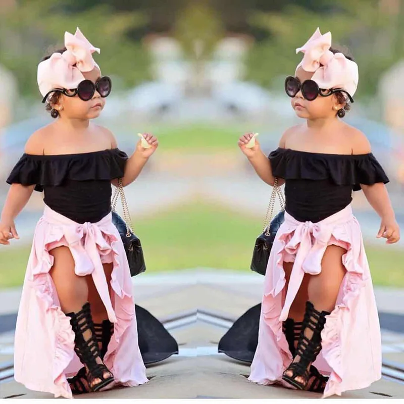 Kids Clothes Summer Girl Set Pink Toddler Children Princess Infant Girls T-shirt+Shorts+Skirt+Hairband Baby Clothing Sets | Мать и