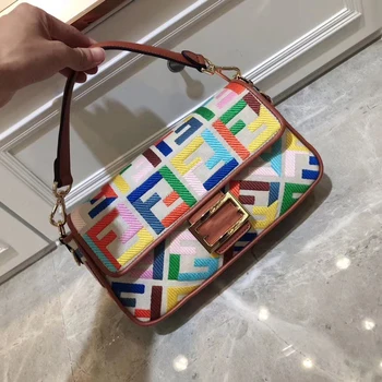 

free shipping the new style fashion color canvas and genuine cow leather women Baguette bag one shoulder bag 26 cm