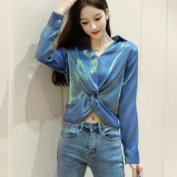 

Sprint Women's Shiny Crop Tops Long Sleeve Women's Bling Bling Shirts Femme Crop Tops