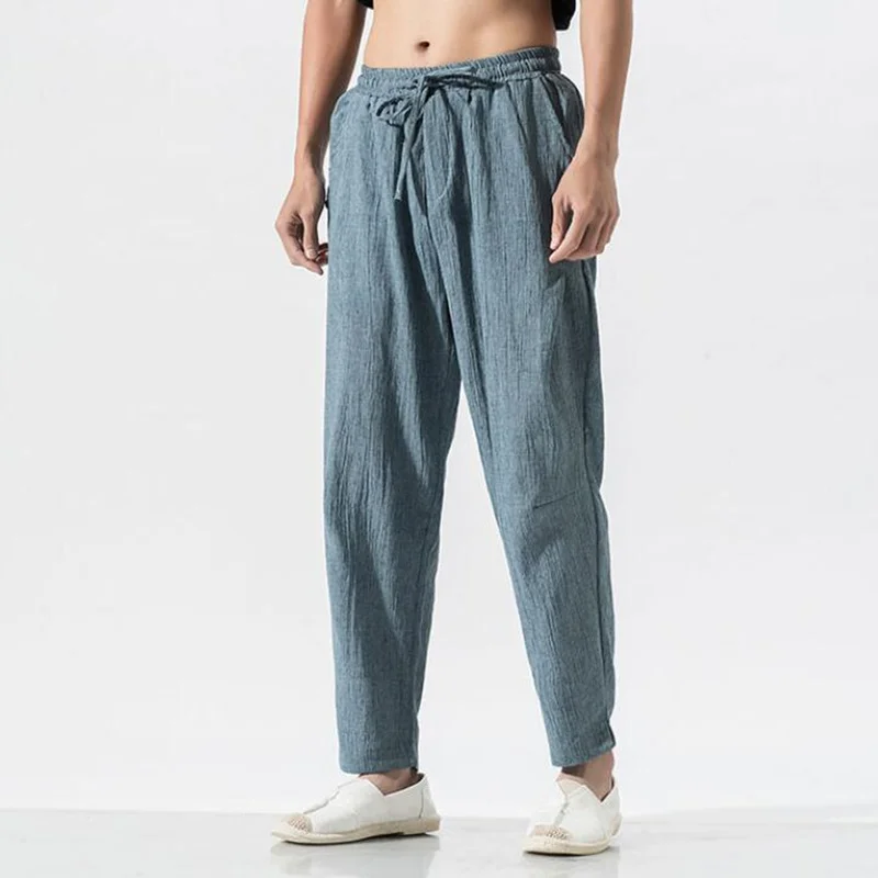 

2019 Autumn Pant super Size Men's Fashion Trousers Linen Style Loose Casual Breathable Outdoor Summer Solid Sportswear pants