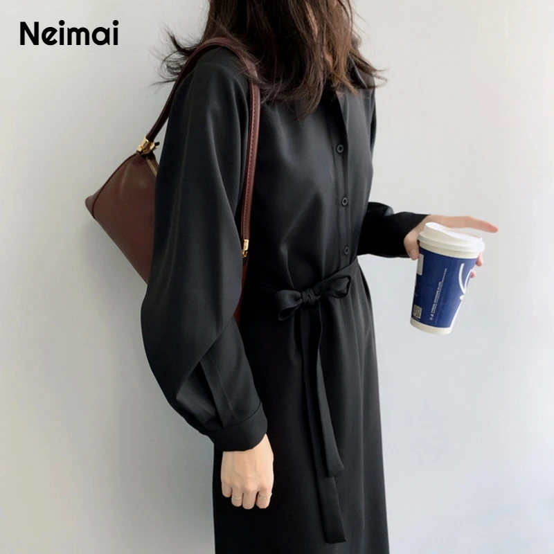 Neimai шифоновое платье с длинными рукавами черное Vestido винтажное Осеннее