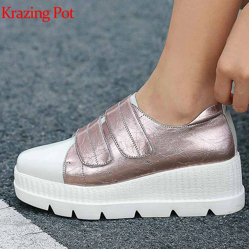 

Krazing Pot natural leather microfiber brand shoes wedges round toe platform casual convenient hook loop vulcanized shoes L1f7