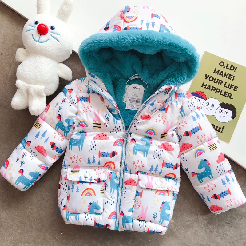 

New Winter Girls Jackets And Coats Hooded Unicorn Rainbow Pattern Kids Jackets Plus Velvet Warm Jackets For Girls Children Coat