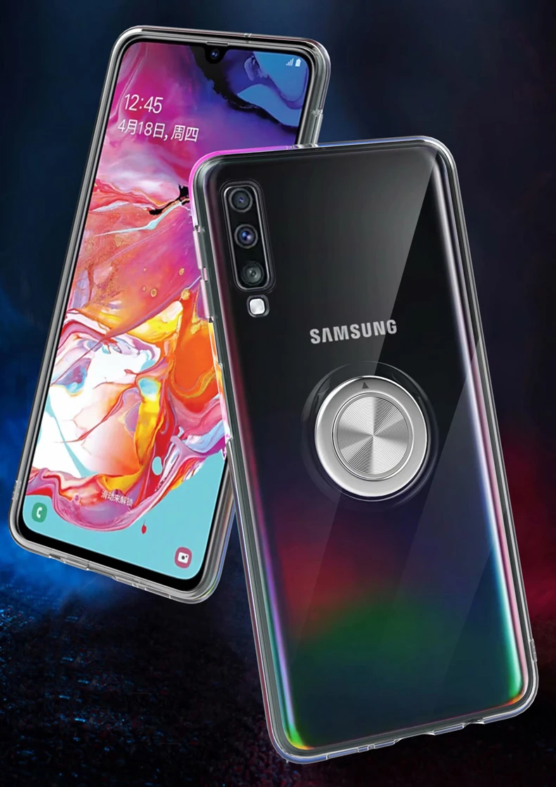 Мягкий прозрачный чехол для samsung Galaxy A10, A20, A30, A40, A50, A70,, держатель с кольцом на палец, задняя крышка, прозрачный чехол для телефона
