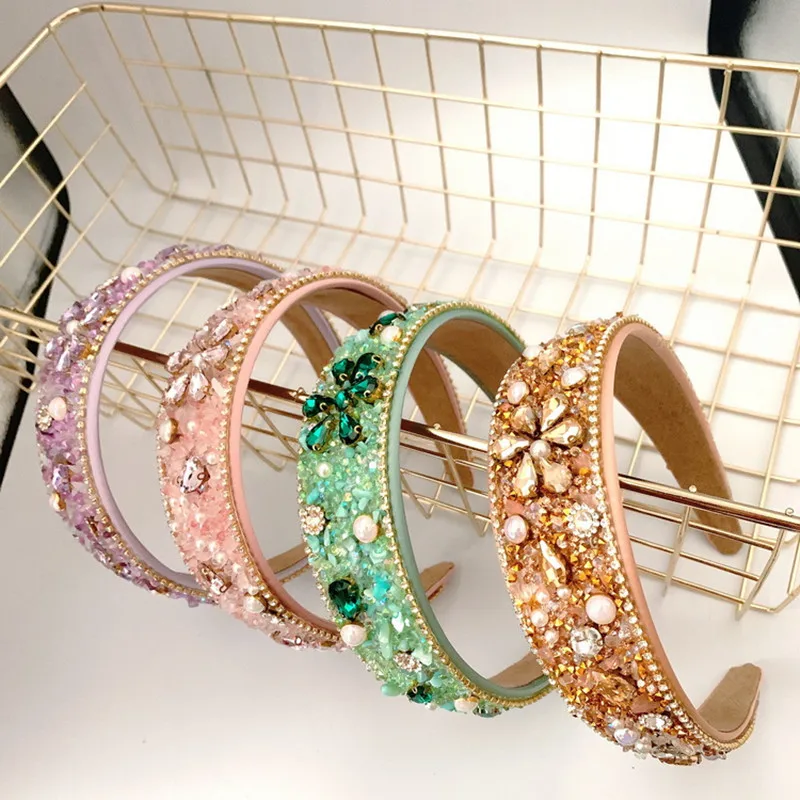 

188CM HOT Luxury Sparkly Crystal Flower Pearl Head Hoop Wide-Brimmed Headband Women Rhinestone Sponge Hairbands Turban Headdress