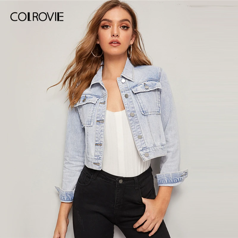 

COLROVIE Blue Bleach Wash Flap Pocket Denim Jacket Women 2019 Fall Streetwear Ladies Crop Jackets Solid Casual Leisure Coats