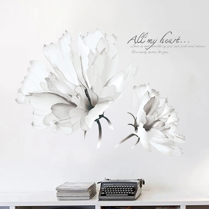 

White Flower Art Wall Stickers Sofa TV Background Sticker Kids Room Living Room Decals Decorative Waterproof Vinyl Poster