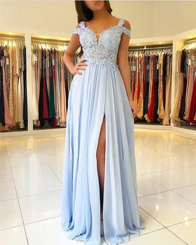 

Long Side Split Sky Blue Bridesmaid Dresses Off Shoulder Lace Appliques Prom Party Gowns Wedding Guest Maid Of Honor Dresses