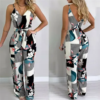 

Women OL Striped Floral Jumpsuits Summer Elegant Straps V Neck Slim Bodysuit Bodycon Harem Playsuit Wide Leg Rompers Overalls