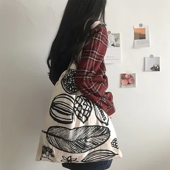 

Women Canvas Shoulder Bag Leaf Printing Female Large Capacity Shopping Bag Lady Eco Pure Cotton Beige Handbag Junior Miss Tote