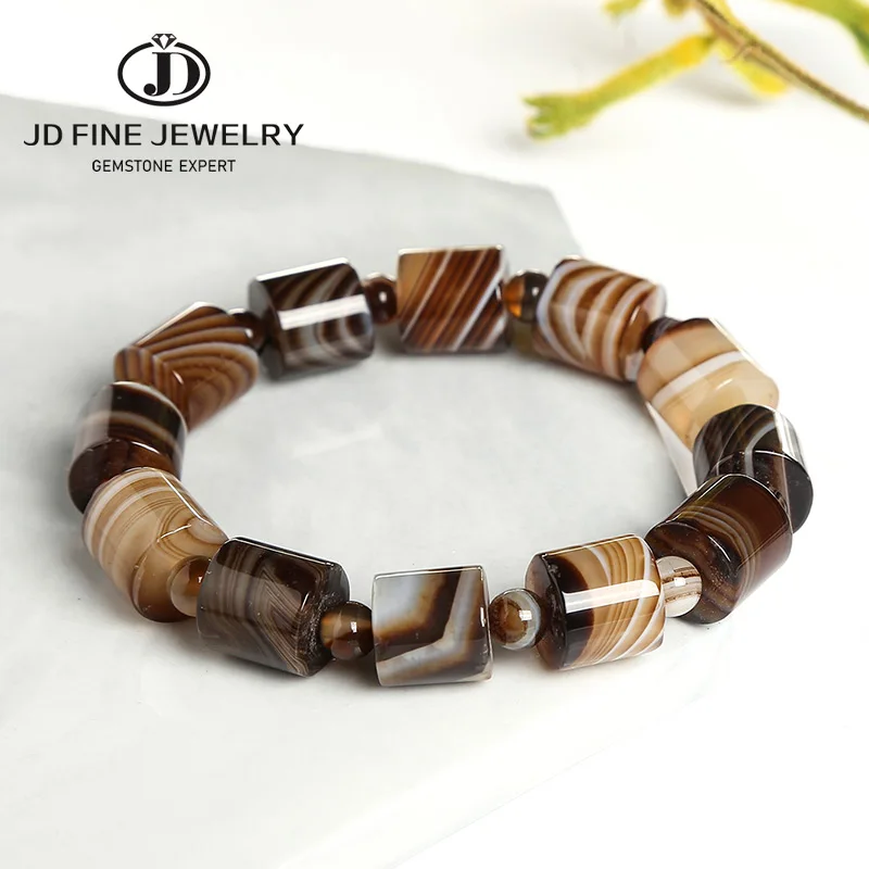 JD Genuine 12mm Natural Coffee Lace Agate Bracelets Men Handmade Tibetan Buddha Hand String Barrel Rosary Prayer Beads Bangles