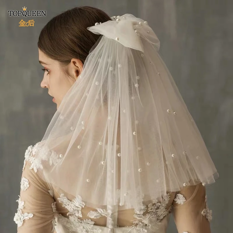 

TOPQUEEN V04 Bow Bridal Veil with Pearls Double Layer White Ivory Tulle Short Veil with Comb for Wedding 2024 Hot Sell