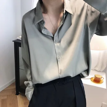 

Satin Chiffon Shirt Women's 2020 Spring Clothing Sense of Design Non-mainstream Young Solid Color Drape Silk Fabrics Tops