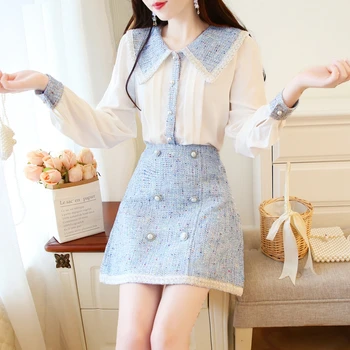 

2020 Autumn Elegant Women 2 Piece Set Tweed Chiffon Sweet Shirt +High Waist Double Breasted Mini Skirt Suit