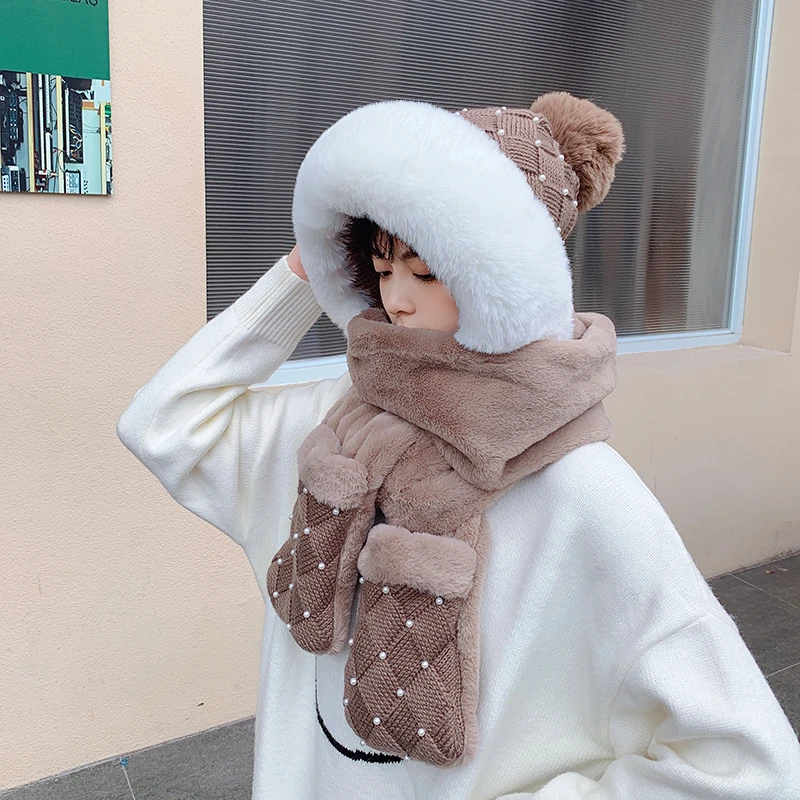 Conjunto de sombrero y bufanda y guantes 3 en 1, moda forro de felpa, grueso, cálido, Color sólido, accesorios para 2021|Las mujeres de punto y gorros| - AliExpress