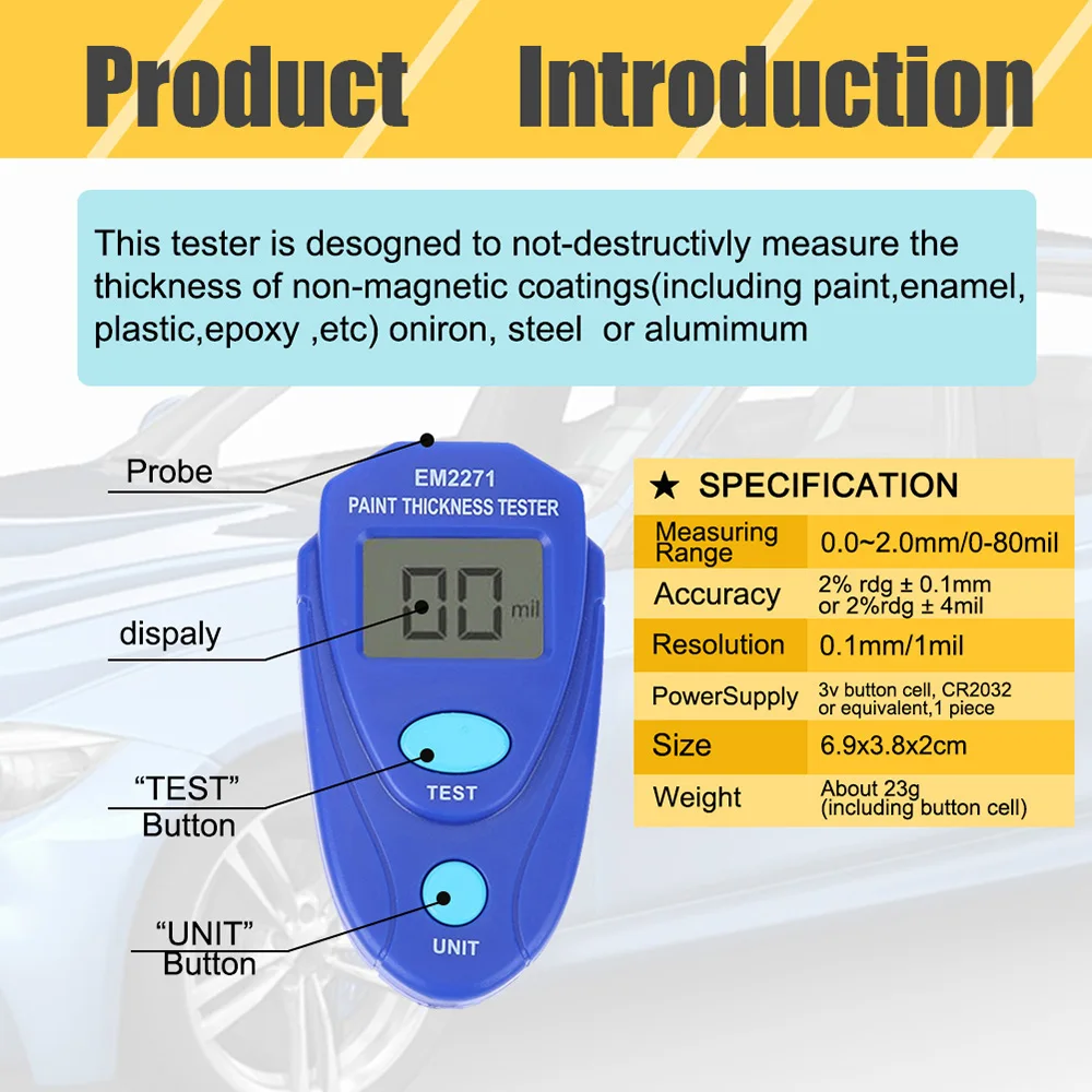 

EM2271 Digital Car Paint Thickness Meter Thickness Tester Coating Thickness Gauge Paint Measure Tester Tool