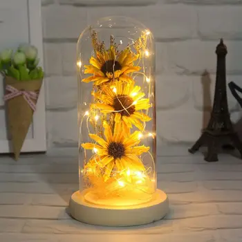 

LED Lamp Dried Flower Glass Doom Wooden Base String Light Mother Valentine's Day Gift декор Room Decoration
