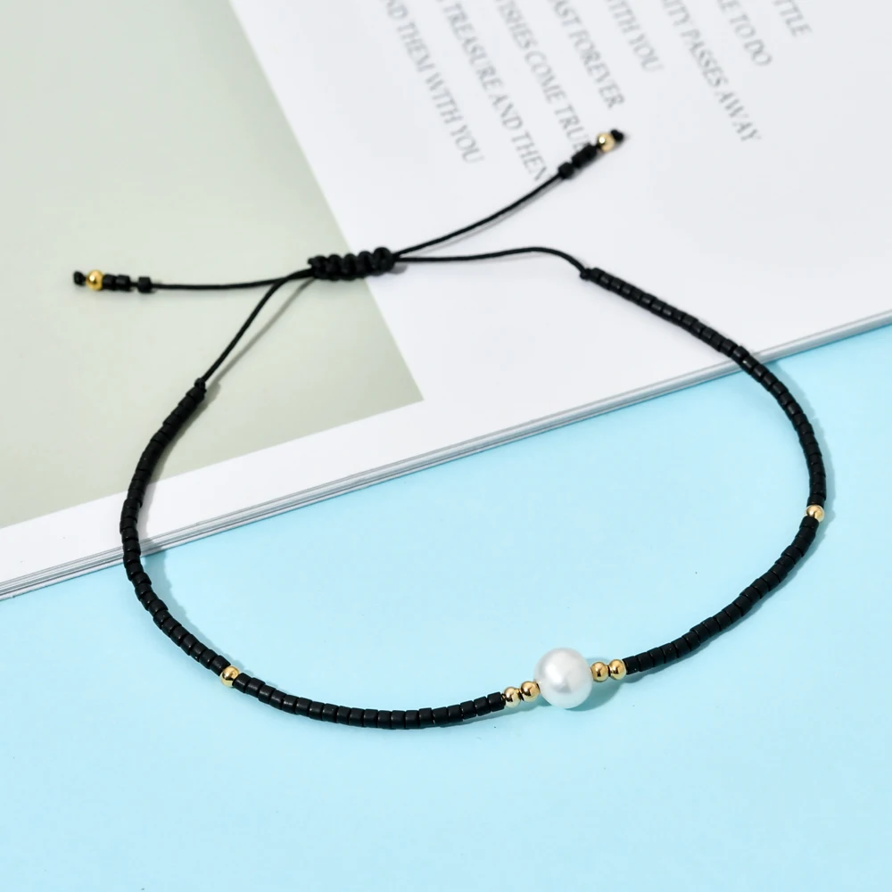 ZMZY Thin Natural Pearl Bracelet Miyuki Beads Handmade Black Glass Stone Bracelets For Women Boho Adjustable Rope Lady Jewelry