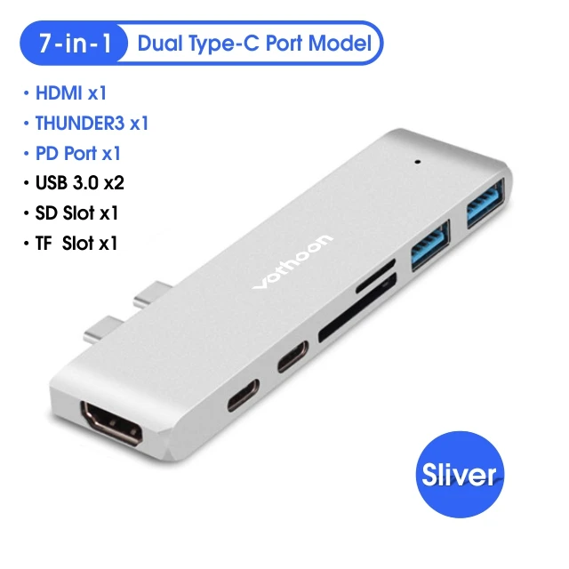 Votoon USB C концентратор для мульти USB3.0 HDMI USB концентратор для MacBook Pro Air USB сплиттер 7 портов Thunderbolt 3 концентратор двойной usb type C концентратор - Цвет: 7-in-1 Dual USB C