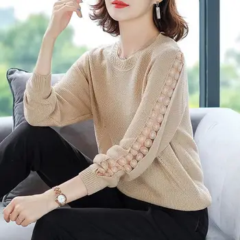 여성용 스티치 레이스 베이스 니트 스웨터, 할로우 루즈 라운드 넥, 단색 캐주얼 점퍼, 여성 꽃, 2023 용수철